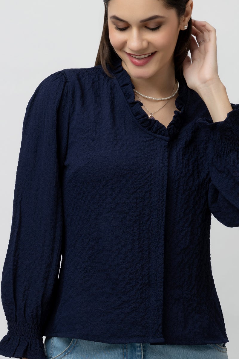 7OUNCE Women's Blue V-Neck Top with Ruffle Detail - Image 2